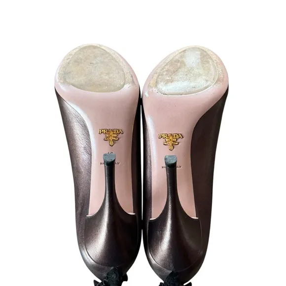 Prada Size 40 (US 10) Bronze Leather Peep Toe Stiletto Heel Pumps