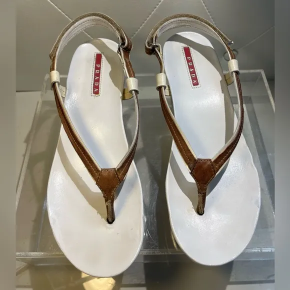 Prada Women's White and Brown Sandals shoes siz 36.5 good condition