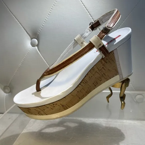 Prada Women's White and Brown Sandals shoes siz 36.5 good condition
