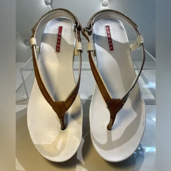 Prada Women's White and Brown Sandals shoes siz 36.5 good condition