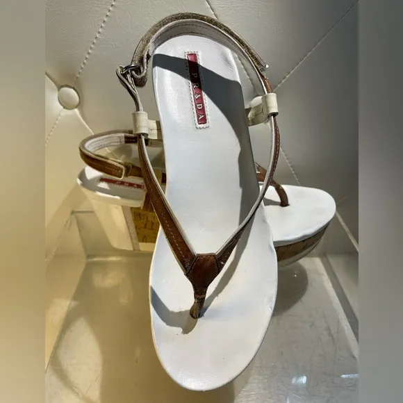 Prada Women's White and Brown Sandals shoes siz 36.5 good condition