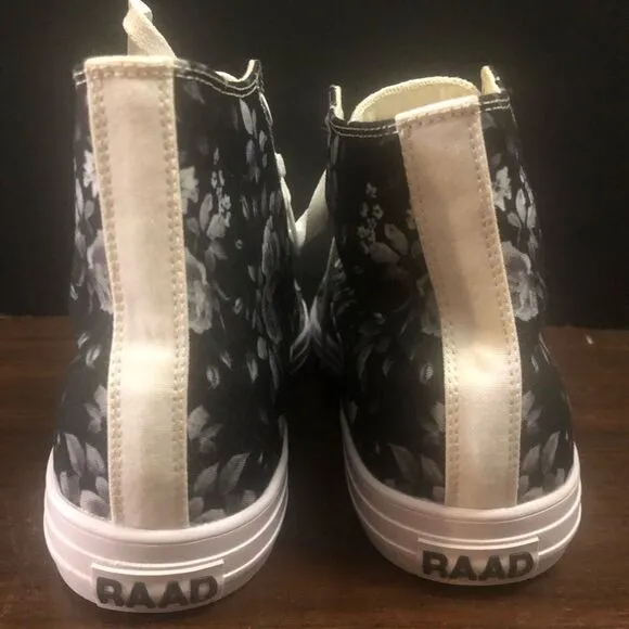 RAAD Shop Unisex High Top Lace Up Sneakers Black with White Rose Pattern. NWOB