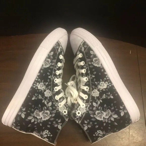 RAAD Shop Unisex High Top Lace Up Sneakers Black with White Rose Pattern. NWOB