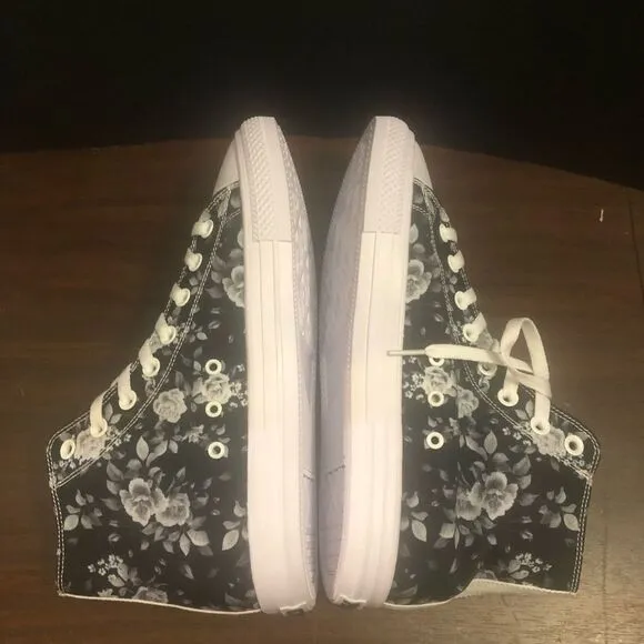 RAAD Shop Unisex High Top Lace Up Sneakers Black with White Rose Pattern. NWOB