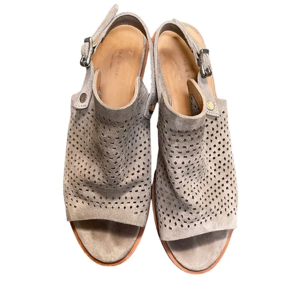 RAG &amp; BONE Wyatt Mid Heel Suede Leather Sandals Laser Cut Sling Back Sz 8.5/38.5