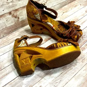 RARE Anthropologie Miss L-Fire London, England Engraved Wood Block Heels Size 38