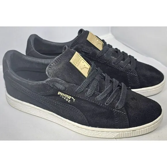 Rare Puma Men's Suede Badge Classic Gold Metal Black/White Sneakers Size 9.5