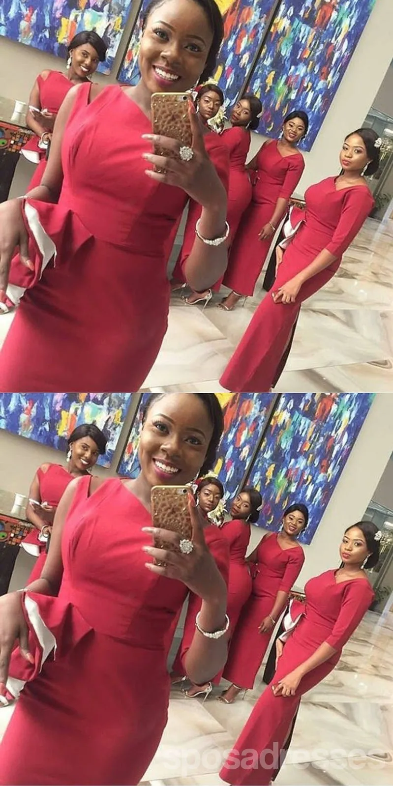 Red Mermaid One Shoulder Half Sleeves Cheap Long Bridesmaid Dresses,WG1619