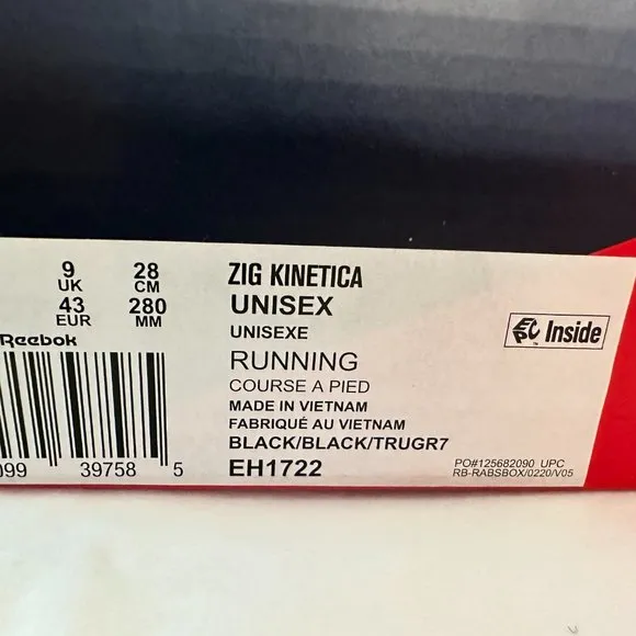 Reebok Unisex Zig Kinetica Black Running Sneakers Size 10 EH1722