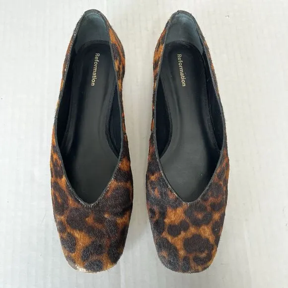 Reformation Prudence Ballet Flats Leopard Haircalf Slip On Casual Shoes Size 7