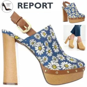 Report Mylie Blue Floral Slingback Platform Clogs Block Heel Fashion Pump Shoe 8
