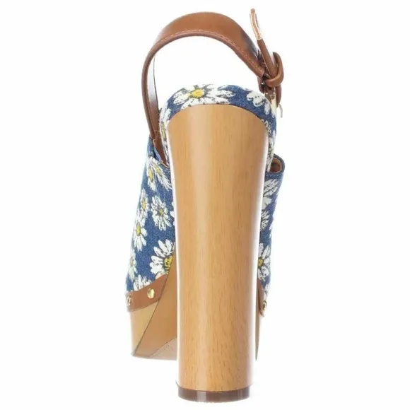 Report Mylie Blue Floral Slingback Platform Clogs Block Heel Fashion Pump Shoe 8