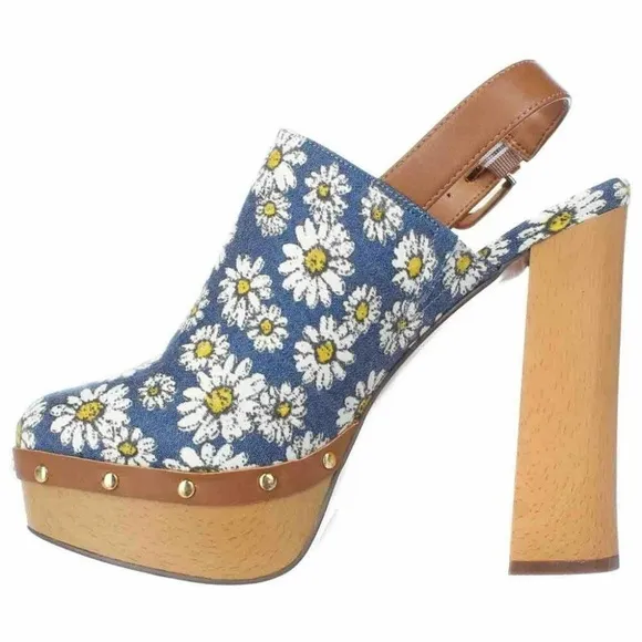 Report Mylie Blue Floral Slingback Platform Clogs Block Heel Fashion Pump Shoe 8