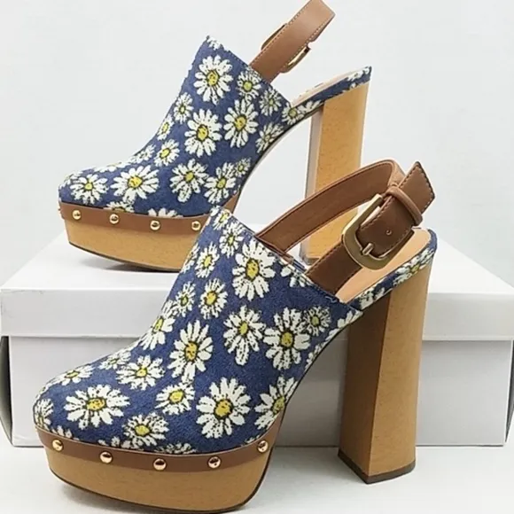 Report Mylie Blue Floral Slingback Platform Clogs Block Heel Fashion Pump Shoe 8