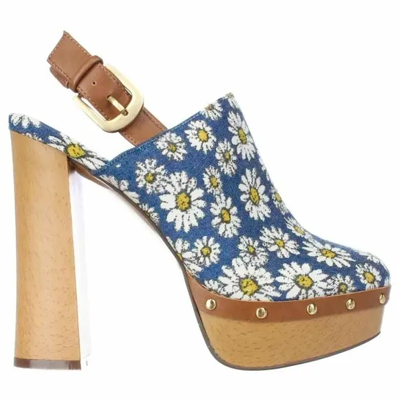 Report Mylie Blue Floral Slingback Platform Clogs Block Heel Fashion Pump Shoe 8