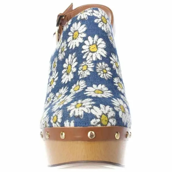 Report Mylie Blue Floral Slingback Platform Clogs Block Heel Fashion Pump Shoe 8