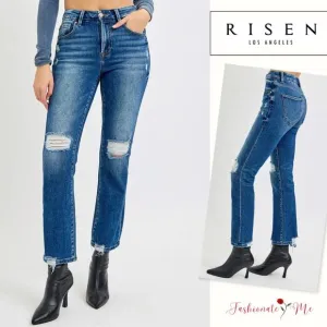RISEN High Rise Waist Distressed Knees Dark Washed Cropped Straight Denim Jeans