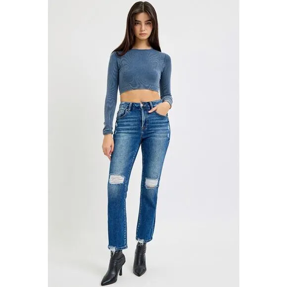 RISEN High Rise Waist Distressed Knees Dark Washed Cropped Straight Denim Jeans