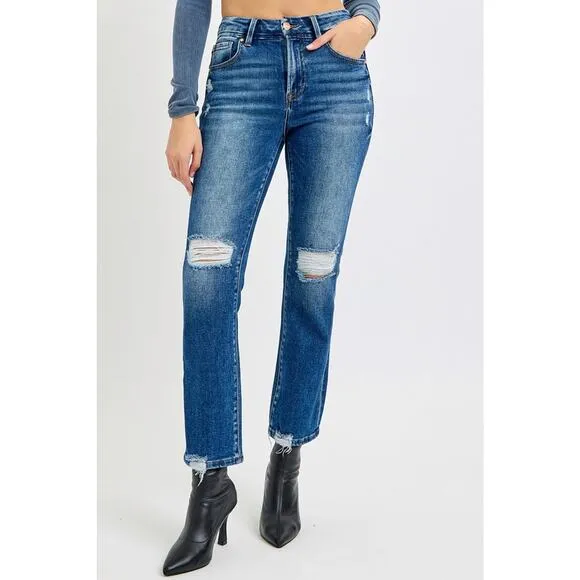 RISEN High Rise Waist Distressed Knees Dark Washed Cropped Straight Denim Jeans