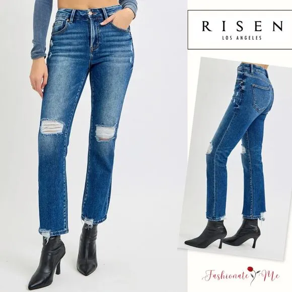 RISEN High Rise Waist Distressed Knees Dark Washed Cropped Straight Denim Jeans