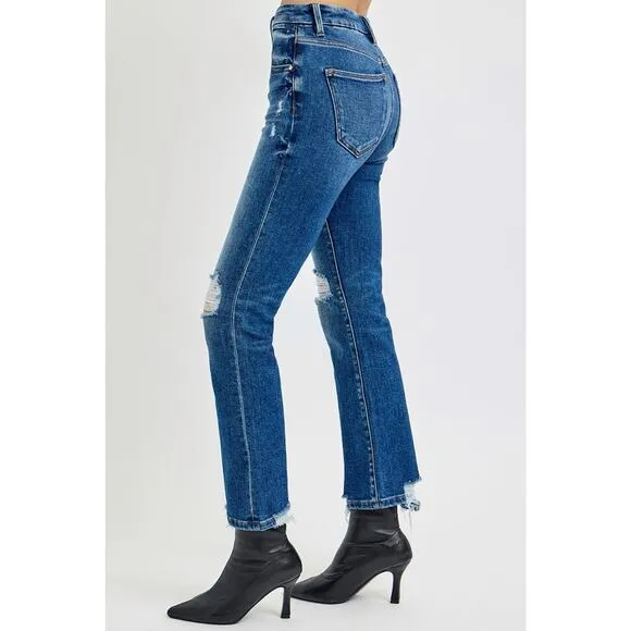 RISEN High Rise Waist Distressed Knees Dark Washed Cropped Straight Denim Jeans