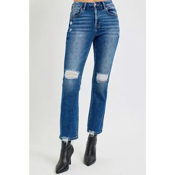 RISEN High Rise Waist Distressed Knees Dark Washed Cropped Straight Denim Jeans