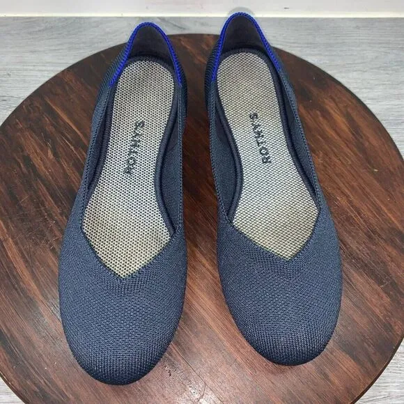 Rothy’s The Flat Women’s 7.5 Rounded Toe Shoes Navy Neautral Washable Slip On
