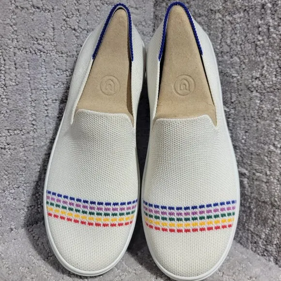 Rothy's The Kid White Rainbow Knit Slip On Sneaker Shoes Big Girl's Size 4 US