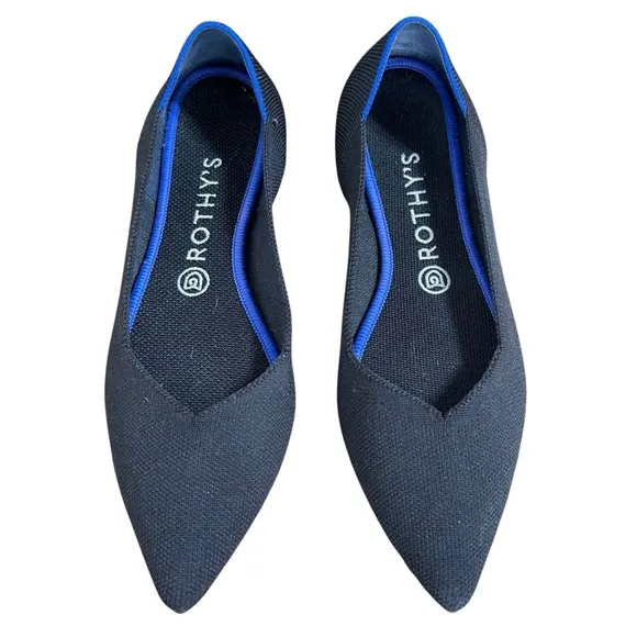Rothy's The Point Black Flats with Royal Blue StripeBallet Flats Size 9.5