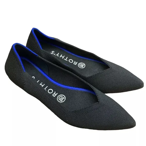 Rothy's The Point Black Flats with Royal Blue StripeBallet Flats Size 9.5
