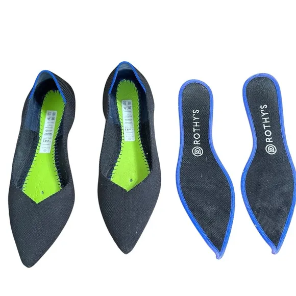 Rothy's The Point Black Flats with Royal Blue StripeBallet Flats Size 9.5