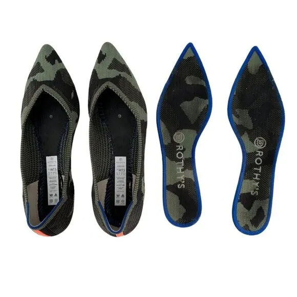 Rothy's The Point Olive Green Camo Print Knit Flats Shoes Size 7.5