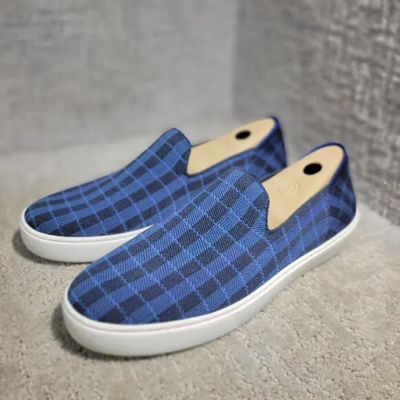 Rothy's The Sneaker Women's Size 9.5 Indigo Gingham Blue Textile Slip On Shoes