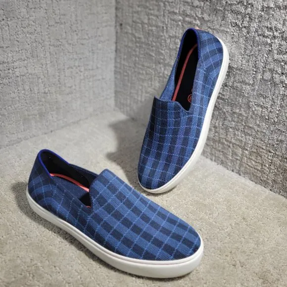 Rothy's The Sneaker Women's Size 9.5 Indigo Gingham Blue Textile Slip On Shoes