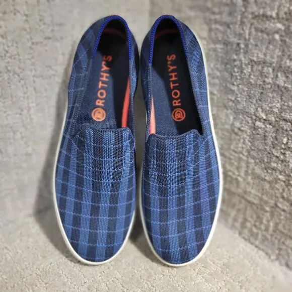 Rothy's The Sneaker Women's Size 9.5 Indigo Gingham Blue Textile Slip On Shoes
