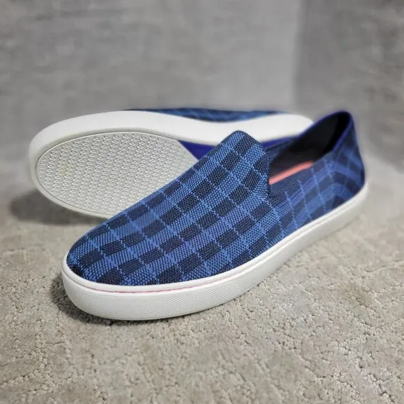 Rothy's The Sneaker Women's Size 9.5 Indigo Gingham Blue Textile Slip On Shoes
