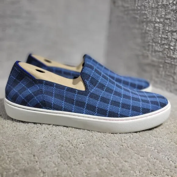 Rothy's The Sneaker Women's Size 9.5 Indigo Gingham Blue Textile Slip On Shoes