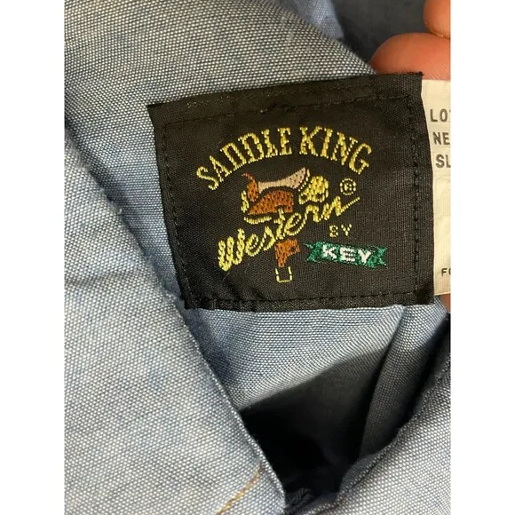 Saddle King Western Button Up Shirt Men's XL (17.5-35) Blue Chambray Snap Button