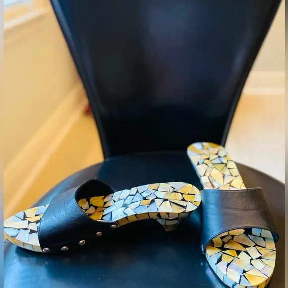 SALE! Mother of Pearl &amp; black leather sandals-clogs handmade, #kitten heel