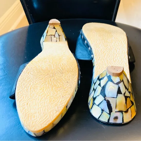 SALE! Mother of Pearl &amp; black leather sandals-clogs handmade, #kitten heel