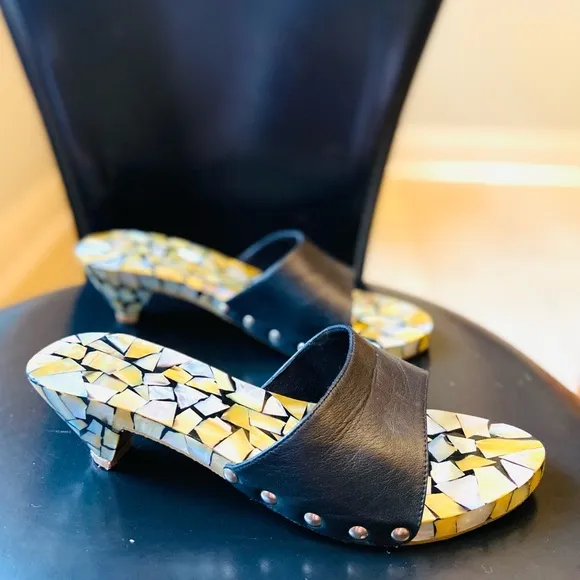SALE! Mother of Pearl &amp; black leather sandals-clogs handmade, #kitten heel