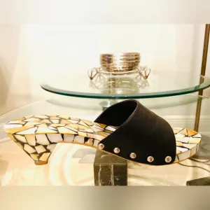 SALE! Mother of Pearl &amp; black leather sandals-clogs handmade, #kitten heel