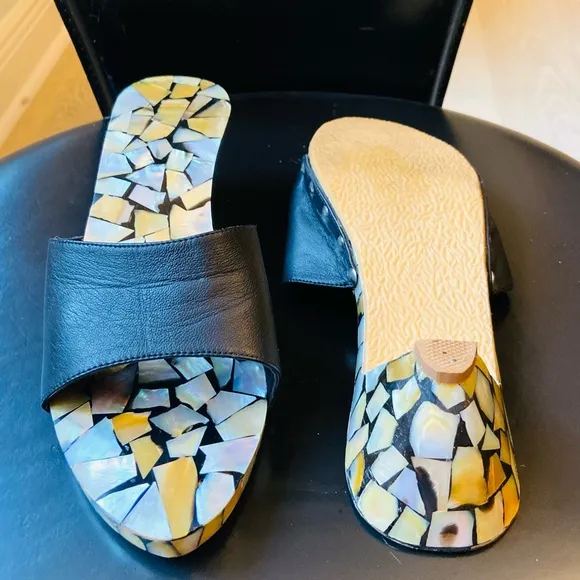 SALE! Mother of Pearl &amp; black leather sandals-clogs handmade, #kitten heel