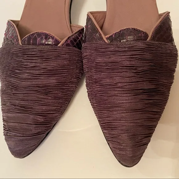 SALPY SHOES MULES HEELS PURPLE FABRIC AND LEATHER USA HANDMADE Size 7.5