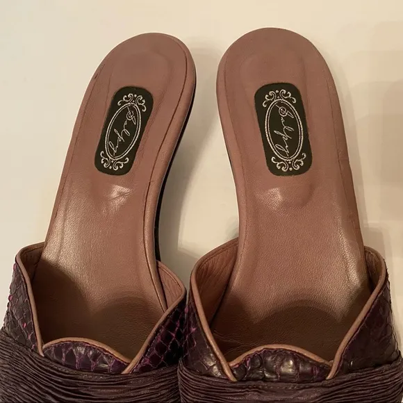 SALPY SHOES MULES HEELS PURPLE FABRIC AND LEATHER USA HANDMADE Size 7.5