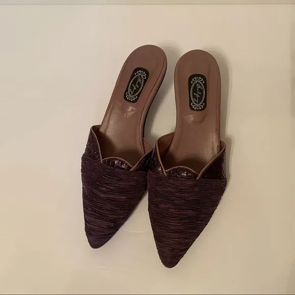 SALPY SHOES MULES HEELS PURPLE FABRIC AND LEATHER USA HANDMADE Size 7.5