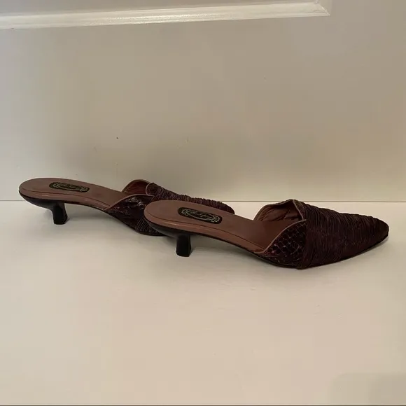 SALPY SHOES MULES HEELS PURPLE FABRIC AND LEATHER USA HANDMADE Size 7.5