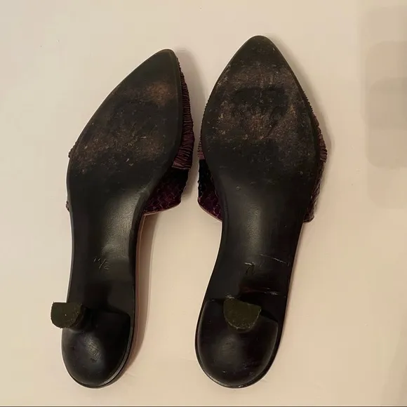 SALPY SHOES MULES HEELS PURPLE FABRIC AND LEATHER USA HANDMADE Size 7.5