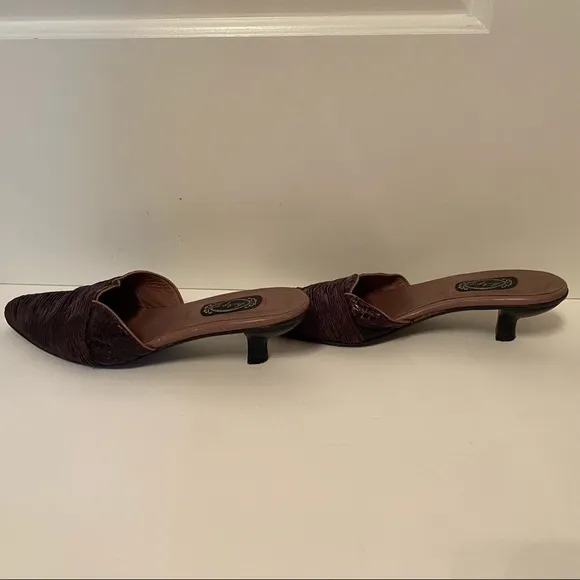 SALPY SHOES MULES HEELS PURPLE FABRIC AND LEATHER USA HANDMADE Size 7.5