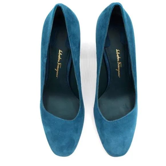 Salvatore Ferragamo 'Arezzo 85' Cypress Blue Suede Pump Heels 6 or 7 $595 Shoes